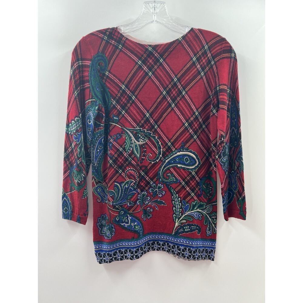 Talbots Women's 3/4 Sleeve Paisley Plaid 100% Merino Wool Sweater Size Small